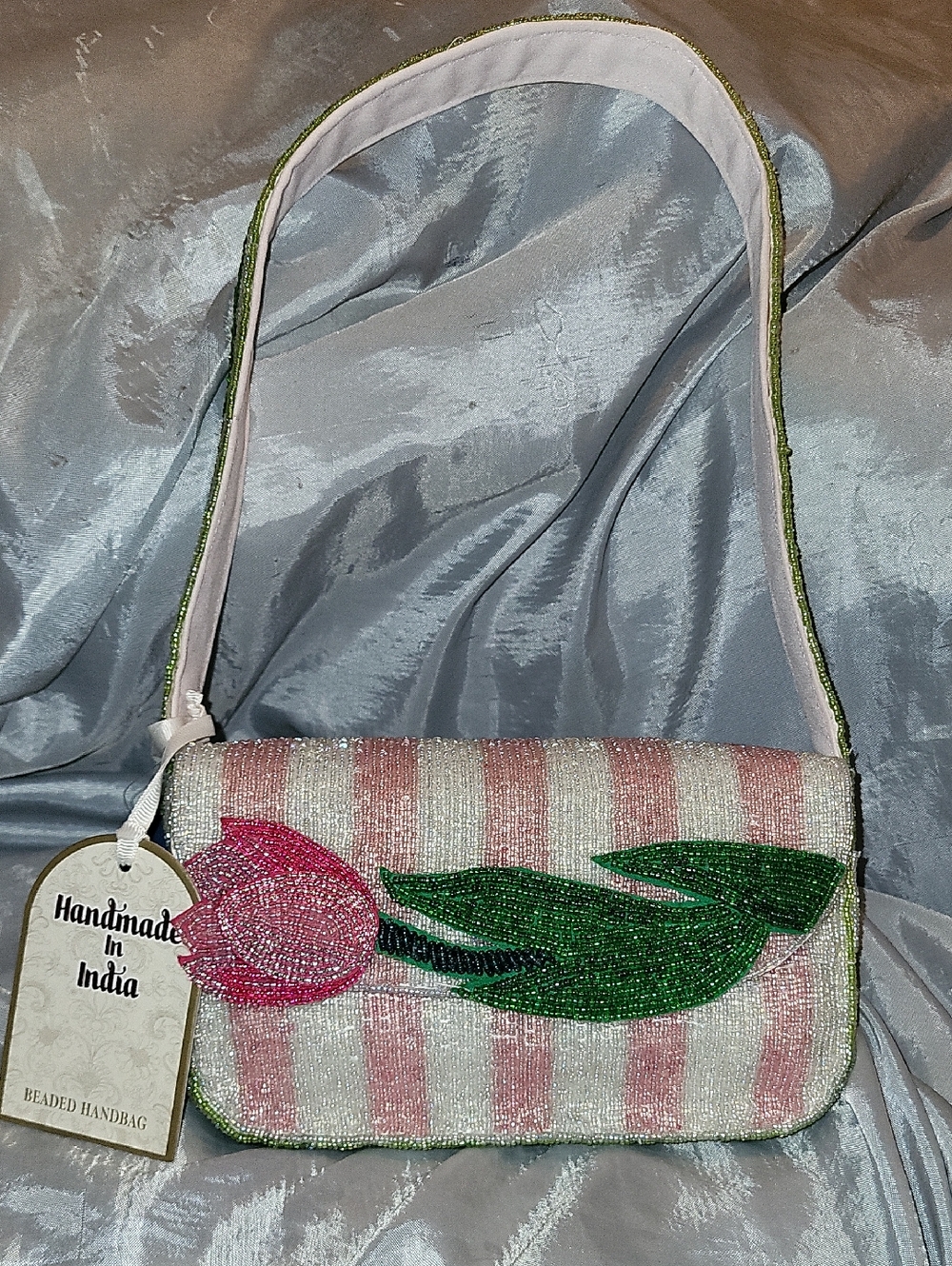 Handmade In INDIA Pink TULIP Striped Beaded SHOULDER BAG BNWT ML M
